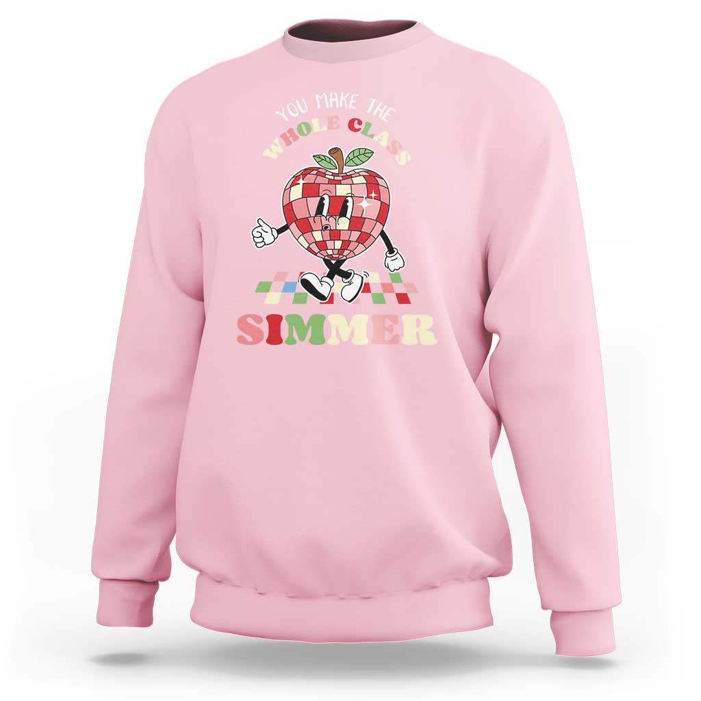 Light pink sweatshirt with “You Make the Whole Class Shimmer” retro teacher graphic