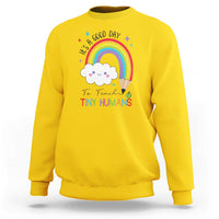 Pre-school teacher sweatshirt in daisy yellow with rainbow and “Tiny Humans” graphic