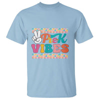Kids graphic T-shirt with “PreK VIBES” lettering and peace-hand print, light blue