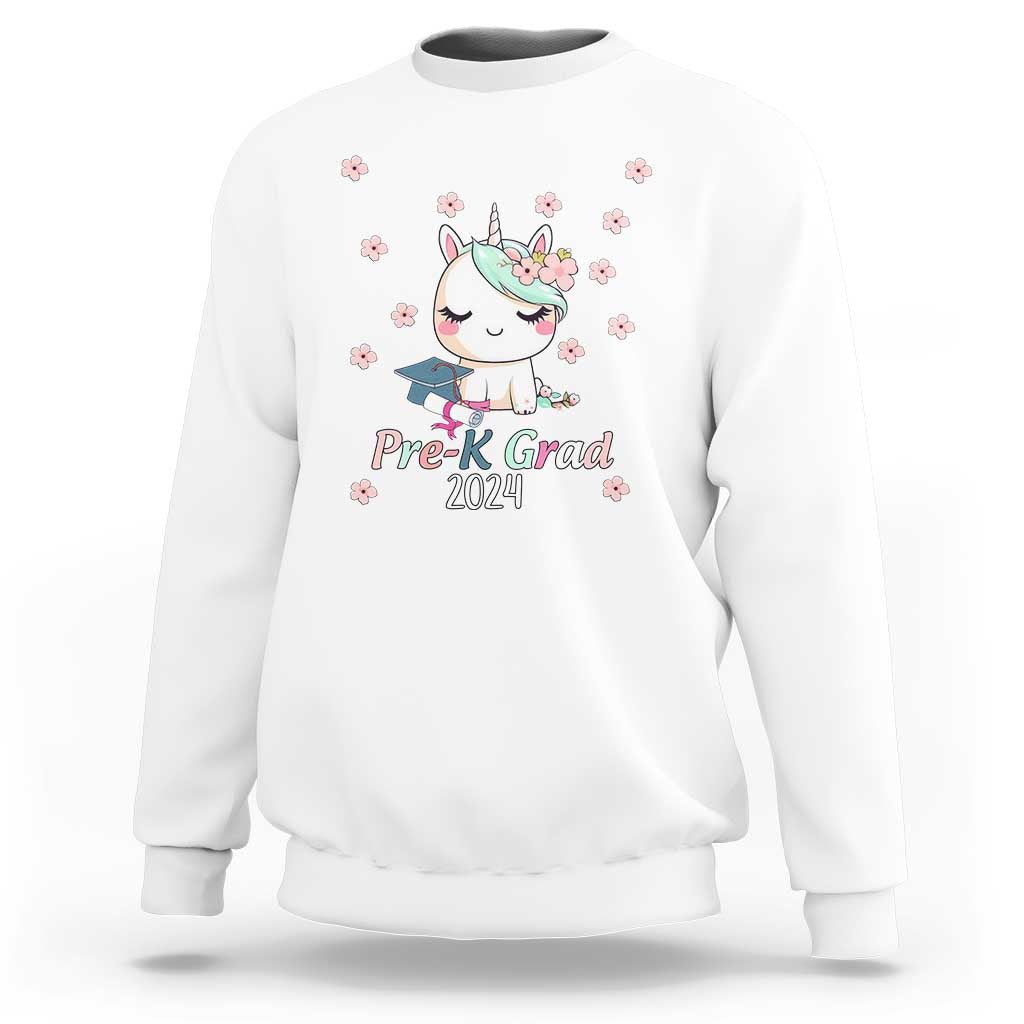 Pre-K graduation sweatshirt in white with unicorn and "Pre-K Grad 2024" graphic