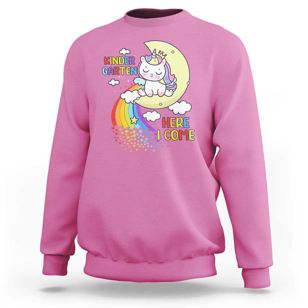 Kids crewneck sweatshirt with unicorn graphic and “Here I Come” text, azalea pink.