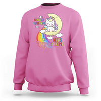 Kids crewneck sweatshirt with unicorn graphic and “Here I Come” text, azalea pink.