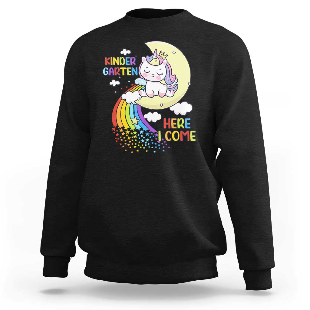 Kids crewneck sweatshirt with unicorn graphic and “Here I Come” text, black.