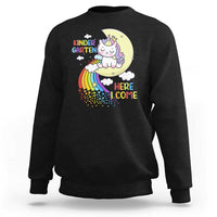 Kids crewneck sweatshirt with unicorn graphic and “Here I Come” text, black.