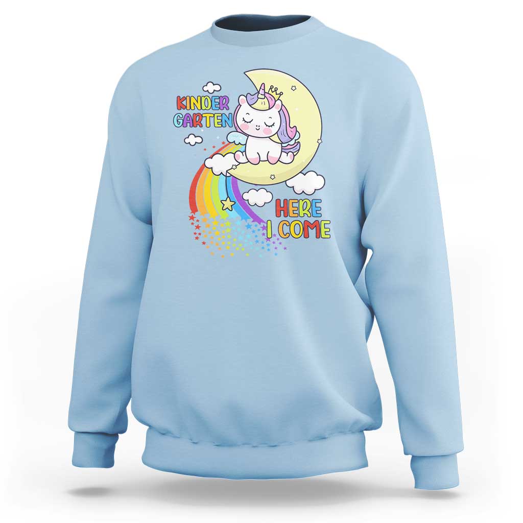 Kids crewneck sweatshirt with unicorn graphic and “Here I Come” text, light blue.