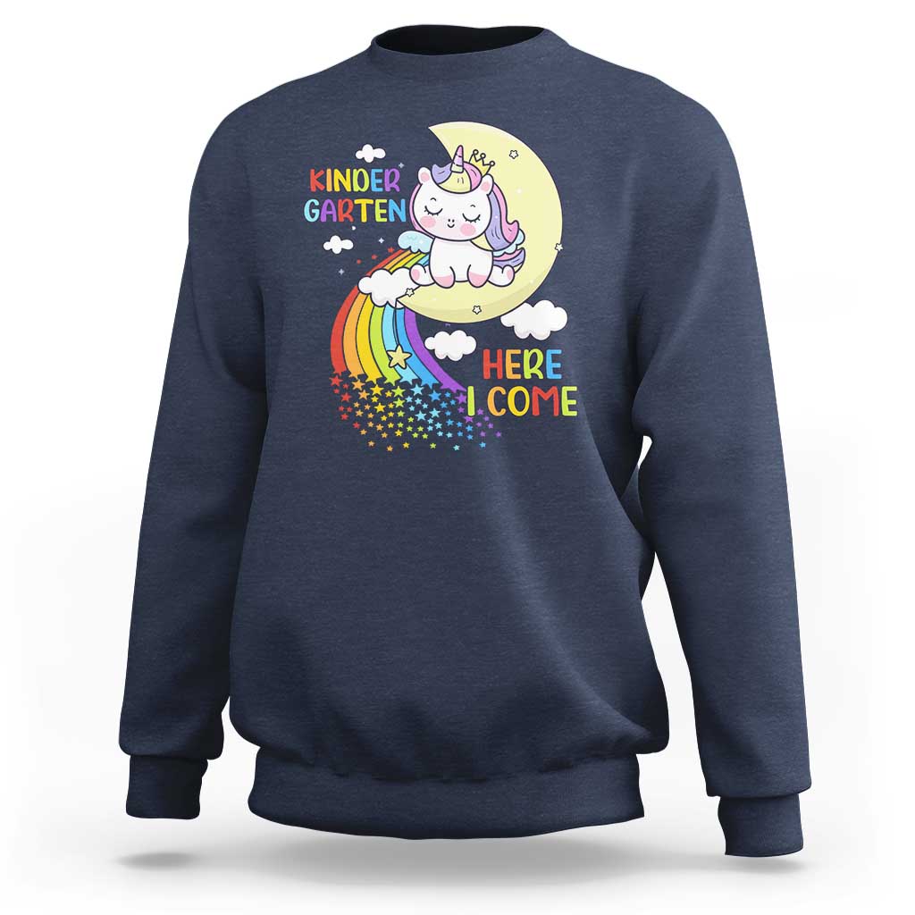 Kids crewneck sweatshirt with unicorn graphic and “Here I Come” text, dark navy.