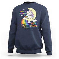 Kids crewneck sweatshirt with unicorn graphic and “Here I Come” text, dark navy.