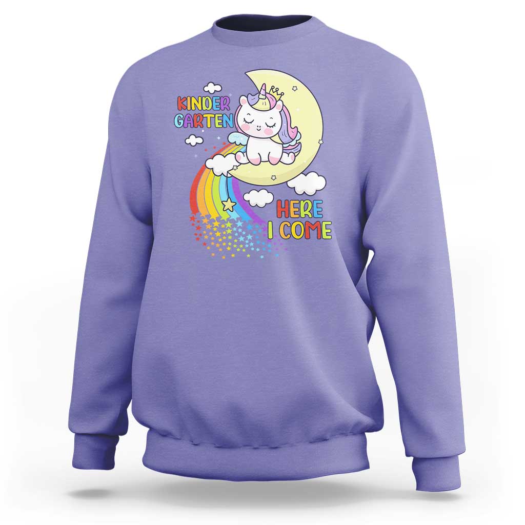 Kids crewneck sweatshirt with unicorn graphic and “Here I Come” text, lavender violet.