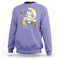 Kids crewneck sweatshirt with unicorn graphic and “Here I Come” text, lavender violet.