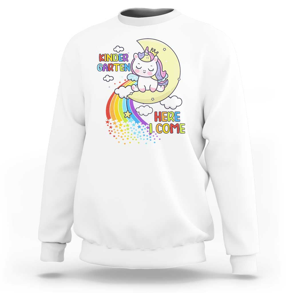 Kids crewneck sweatshirt with unicorn graphic and “Here I Come” text, white.