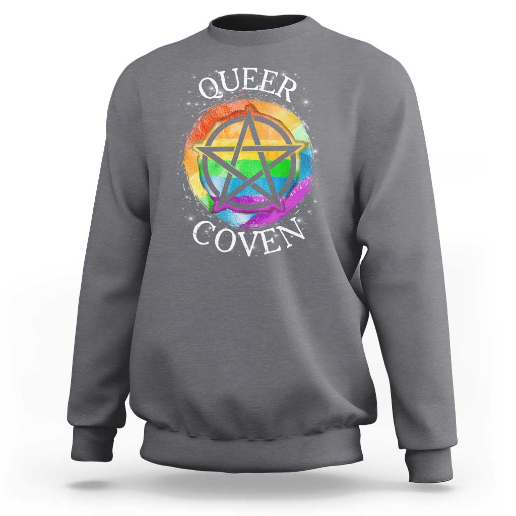 Charcoal crewneck sweatshirt with rainbow pentagram and 'QUEER COVEN' graphic