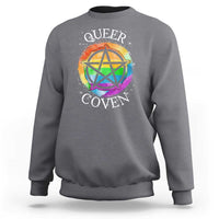 Charcoal crewneck sweatshirt with rainbow pentagram and 'QUEER COVEN' graphic