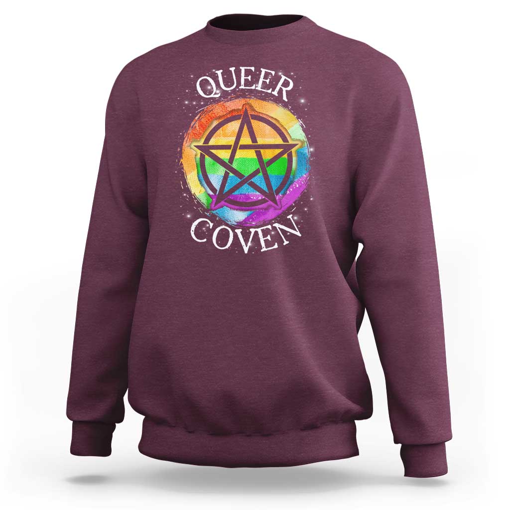 Maroon crewneck sweatshirt with rainbow pentagram and 'QUEER COVEN' graphic