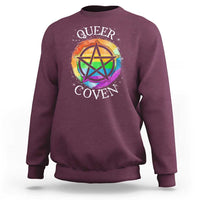 Maroon crewneck sweatshirt with rainbow pentagram and 'QUEER COVEN' graphic