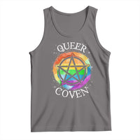 Dark gray Halloween LGBT tank top with 'QUEER COVEN' rainbow pentagram graphic