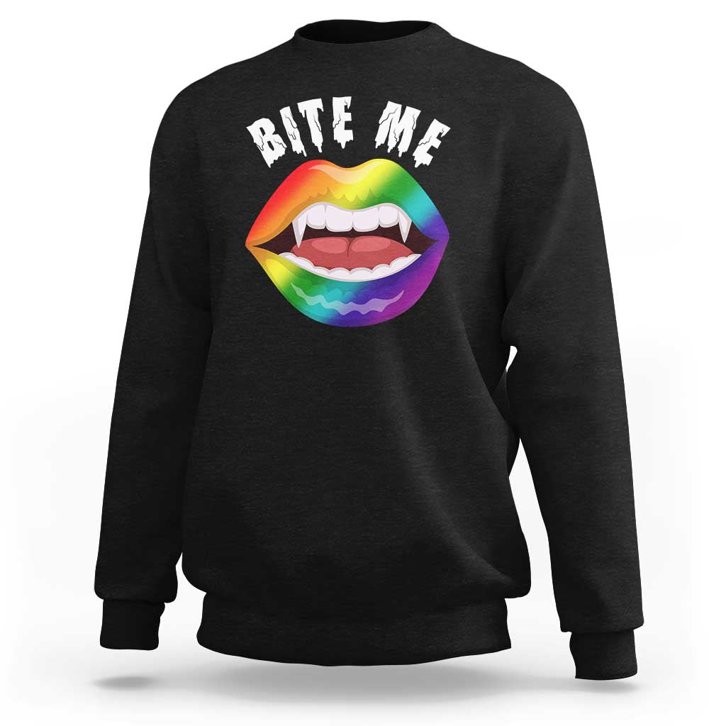 Black crewneck sweatshirt with 'BITE ME' lip graphic front, long sleeves.