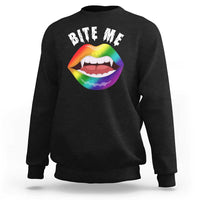 Black crewneck sweatshirt with 'BITE ME' lip graphic front, long sleeves.