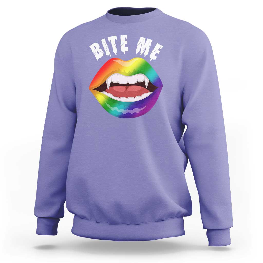 Violet crewneck sweatshirt with 'BITE ME' lip graphic front, long sleeves.