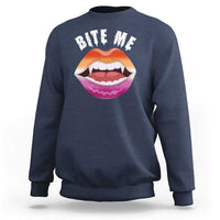 Navy crewneck sweatshirt with 'BITE ME' text and colorful mouth graphic on chest