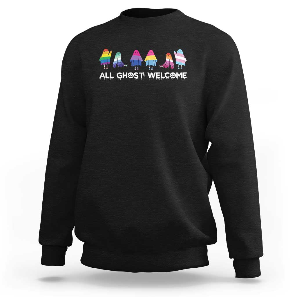 Black Halloween sweatshirt with “All Ghosts Welcome” text and cute ghost graphic