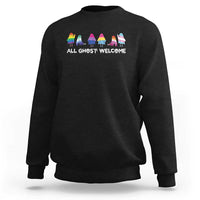 Black Halloween sweatshirt with “All Ghosts Welcome” text and cute ghost graphic