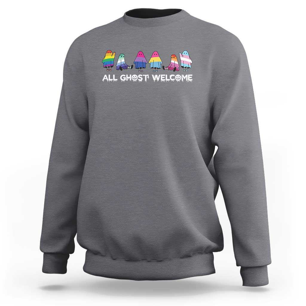 Gray Halloween sweatshirt with “All Ghosts Welcome” lettering and cute ghost graphic