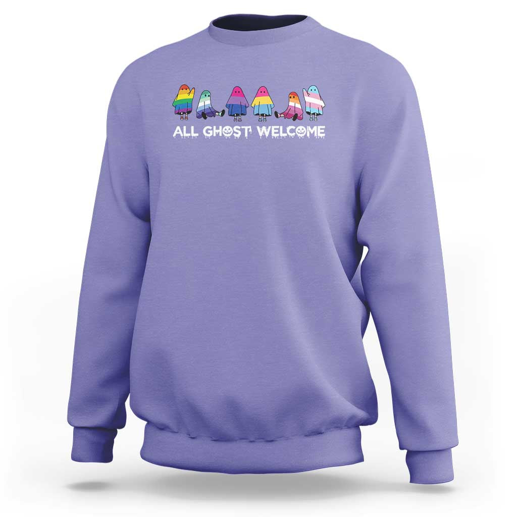Light purple Halloween sweatshirt with “All Ghosts Welcome” text and cute ghost graphic