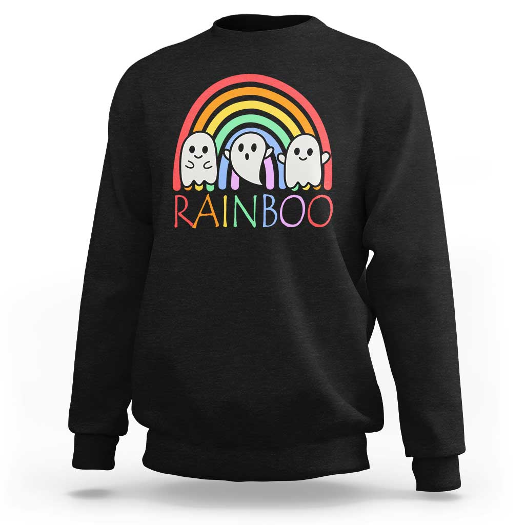 Black Halloween sweatshirt with cute ghosts, rainbow graphic, and “RAINBOO” print