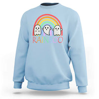 Light blue Halloween sweatshirt with cute ghosts, rainbow graphic, and “RAINBOO” print