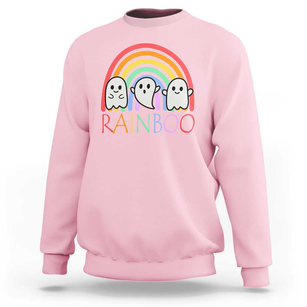 Light pink Halloween sweatshirt with cute ghosts, rainbow graphic, and “RAINBOO” print