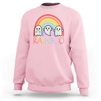 Light pink Halloween sweatshirt with cute ghosts, rainbow graphic, and “RAINBOO” print