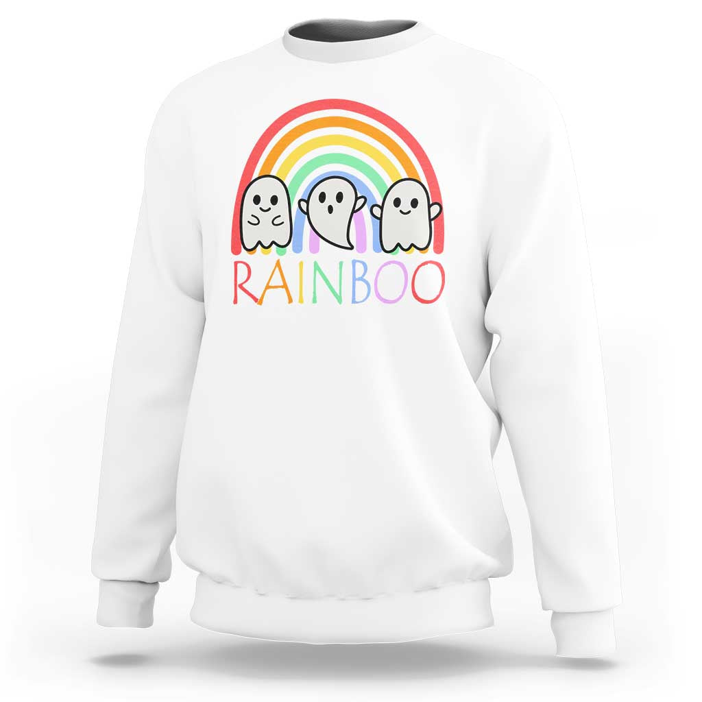 White Halloween sweatshirt with cute ghosts, rainbow graphic, and “RAINBOO” print