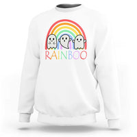 White Halloween sweatshirt with cute ghosts, rainbow graphic, and “RAINBOO” print