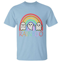 Light blue Halloween T-shirt with rainbow and three cute ghost faces graphic, 'RAINBOO' text