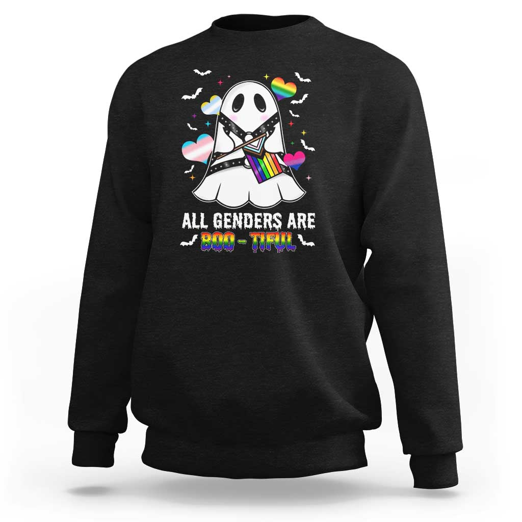Black unisex Halloween sweatshirt with colorful alien graphic and “All Genders Are Bootiful” text