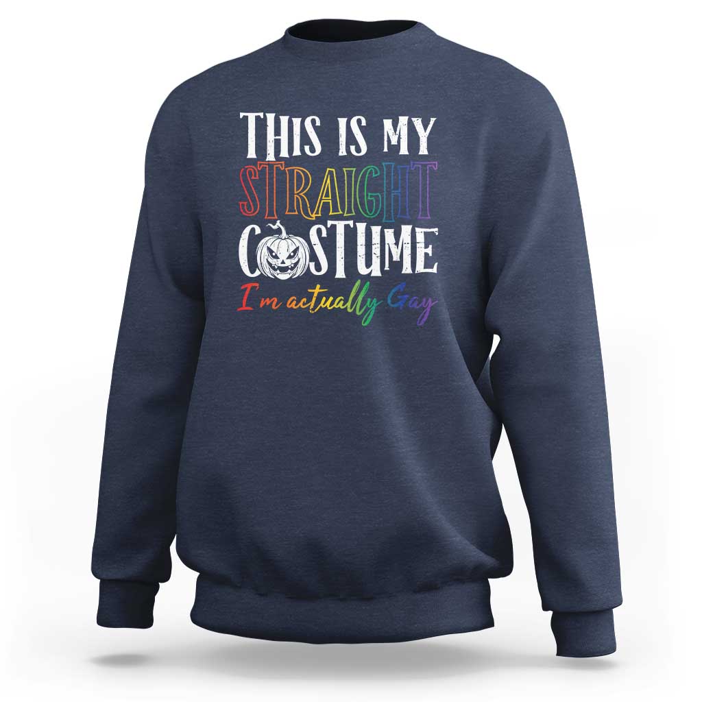 Navy crewneck Halloween sweatshirt with "This is my Straight Costume" graphic