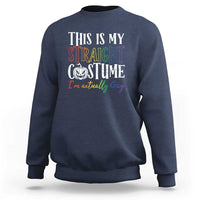 Navy crewneck Halloween sweatshirt with "This is my Straight Costume" graphic