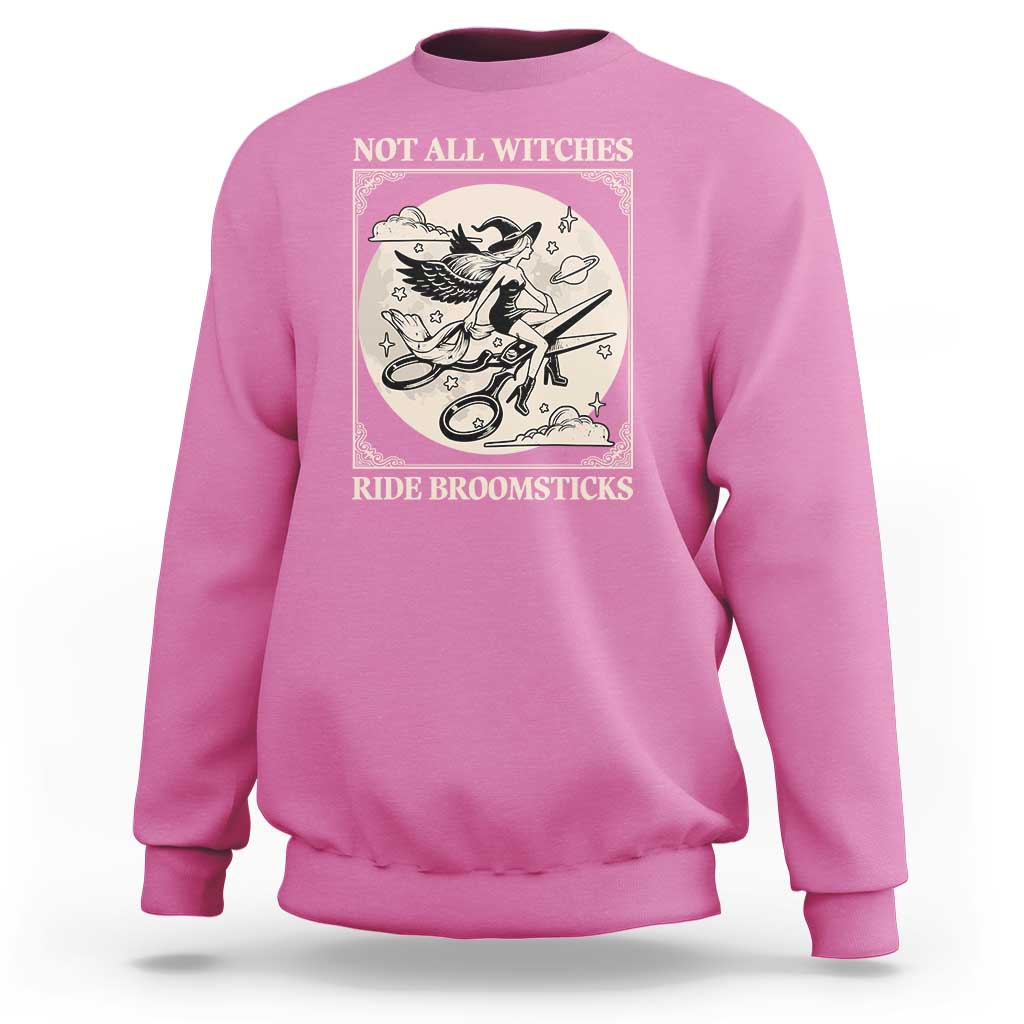 Azalea pink Halloween sweatshirt with front graphic “Not all witches, ride broomsticks”