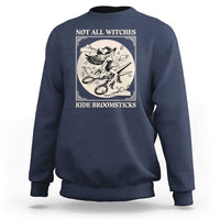 Navy Halloween sweatshirt with front graphic “Not all witches, ride broomsticks”