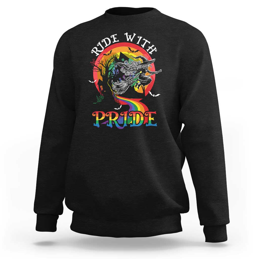 Back graphic crewneck sweatshirt in dark gray with rainbow witch and pride lettering