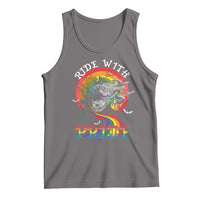 Dark gray pride tank top with rainbow witch graphic and Ride With Pride text