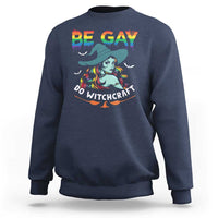 Navy Halloween LGBT sweatshirt with rainbow “BE GAY” and witch graphic print