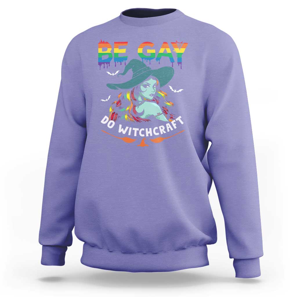Violet Halloween LGBT sweatshirt with rainbow “BE GAY” and witch graphic print