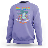 Violet Halloween LGBT sweatshirt with rainbow “BE GAY” and witch graphic print