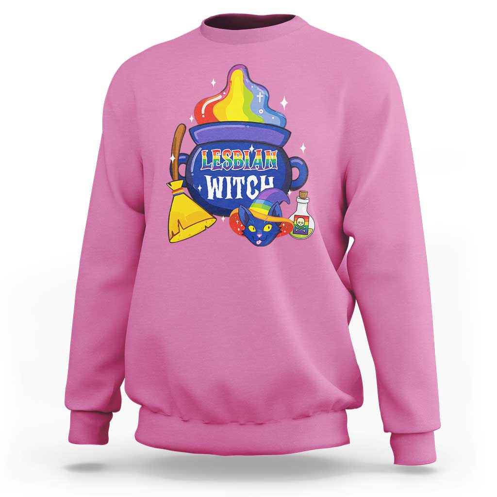 Azalea pink crewneck Halloween sweatshirt with "Lesbian Witch" witch-cat graphic.