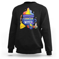 Black crewneck Halloween sweatshirt with "Lesbian Witch" witch-cat graphic.