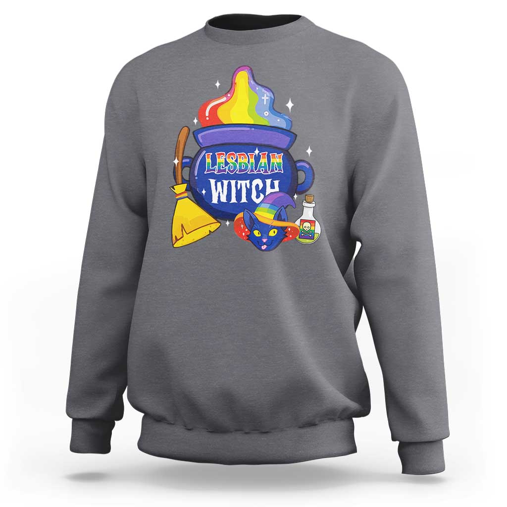 Charcoal crewneck Halloween sweatshirt with "Lesbian Witch" witch-cat graphic.