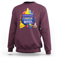 Maroon crewneck Halloween sweatshirt with "Lesbian Witch" witch-cat graphic.