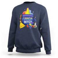 Navy crewneck Halloween sweatshirt with "Lesbian Witch" witch-cat graphic.
