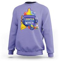 Violet crewneck Halloween sweatshirt with "Lesbian Witch" witch-cat graphic.